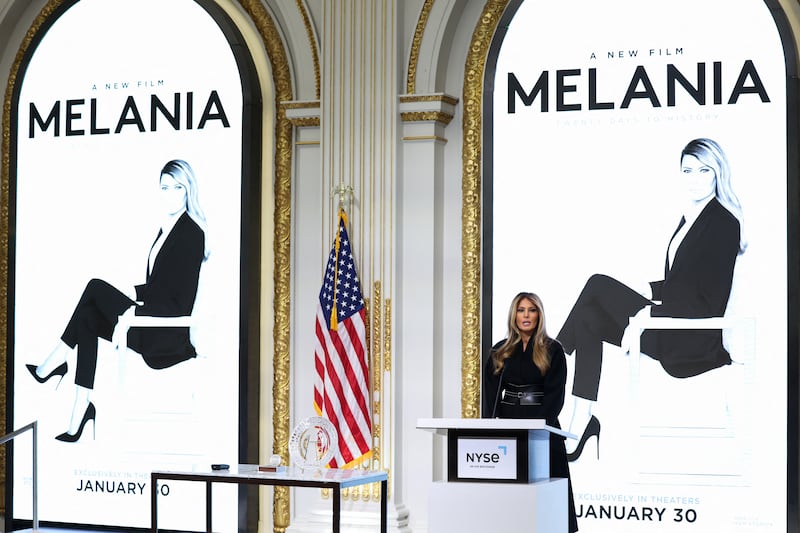 Melania Trump delivers remarks prior to ringing the opening bell at the New York Stock Exchange (NYSE) in New York on January 28, 2026. (Photo by ANGELA WEISS / AFP via Getty Images)