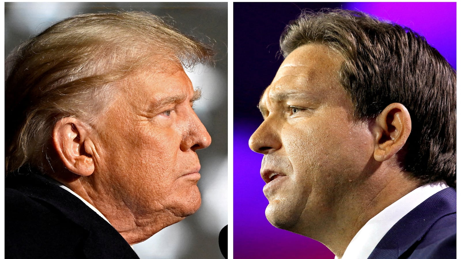 Former U.S. President Donald Trump and Florida Governor Ron DeSantis speak at midterm election rallies, in Dayton, Ohio, U.S. November 7, 2022 and Tampa, Florida, U.S., November 8, 2022 in a combination of file photos.