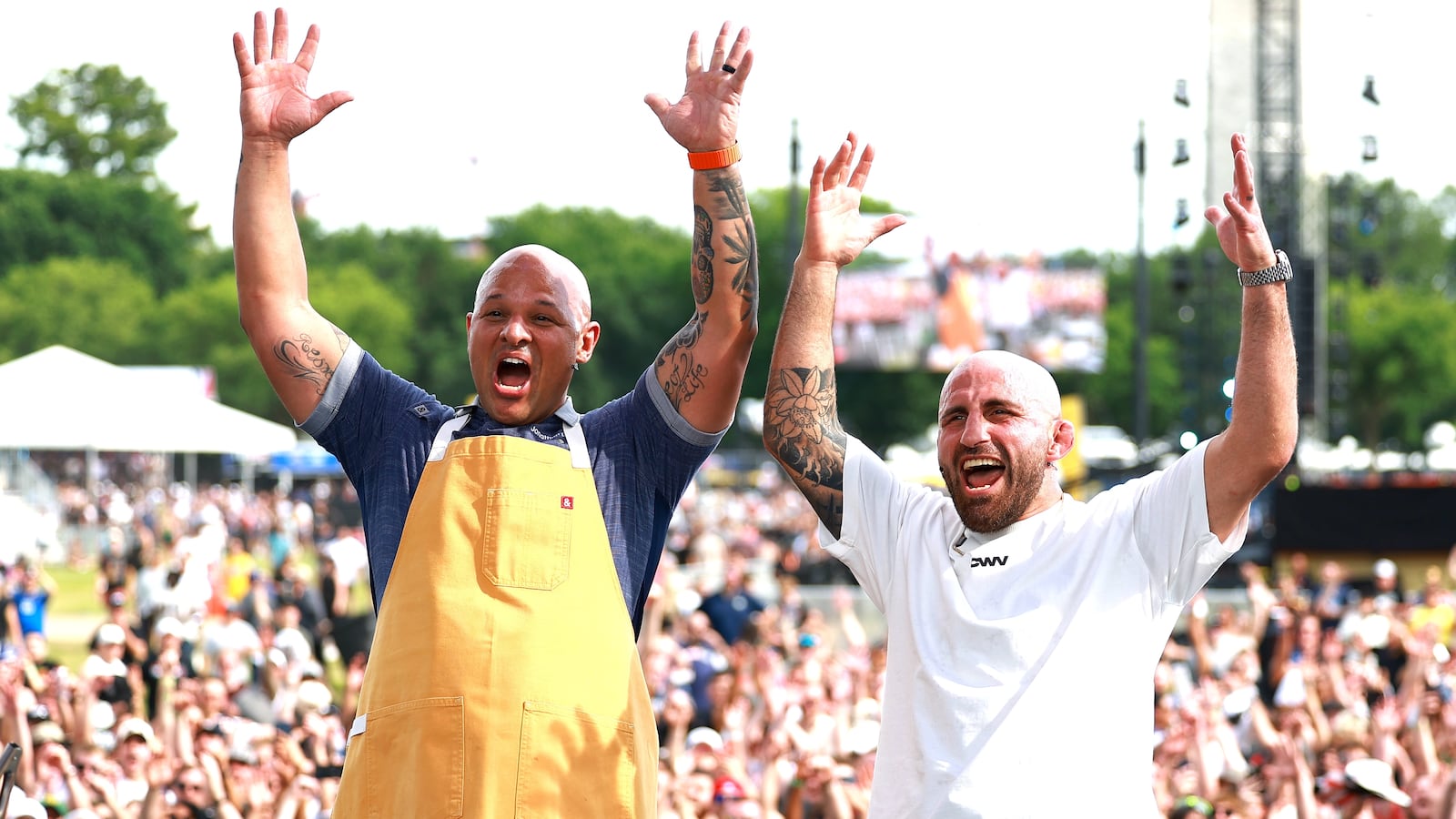 Chef Jonathan Dearden and UFC Fighter Alexander Volkanovski during a live “Cooking with Volk” show during the UFC Freedom 250 Fan Fest at The Ellipse on June 13, 2026, in Washington, D.C..