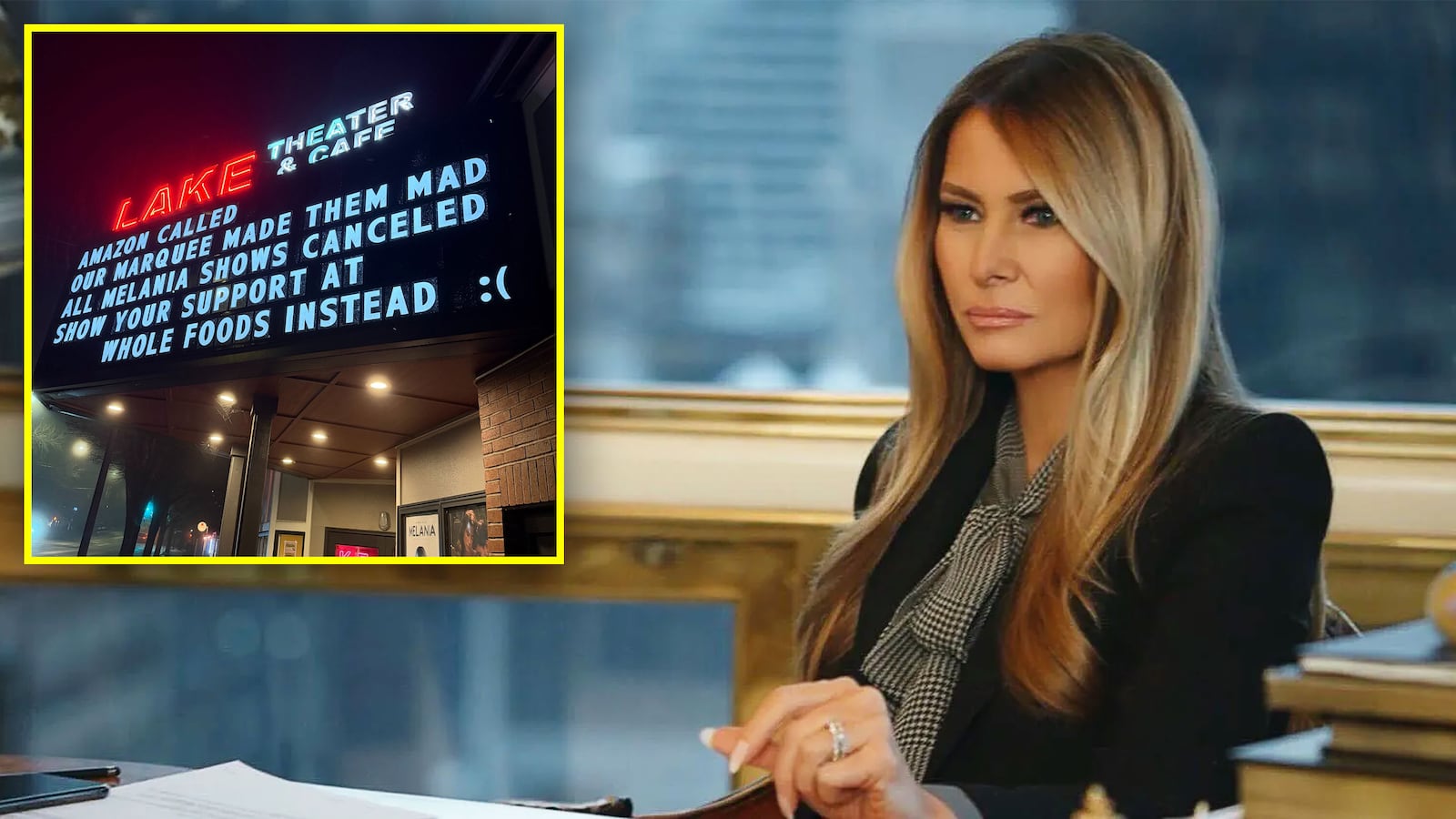 A movie marquee against the Amazon Melania movie