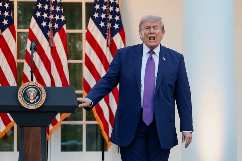U.S. President Donald Trump reacts after delivering remarks during his second 'Rose Garden Club' dinner in honour of Police Week at the White House in Washington, D.C., U.S., May 11, 2026.