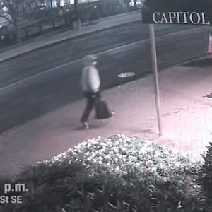 A suspect in the planting of explosive devices near the Democratic and Republican committee headquarters in Washington is seen walking past the Capitol Hill Club, also known as the National Republican Club of Capitol Hill, in Washington in this still frame taken from video released on March 9, 2021.