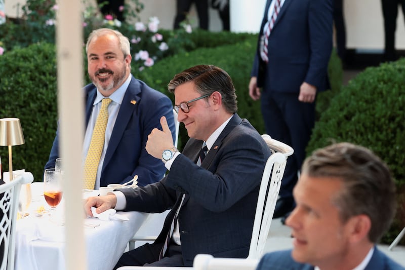 House Speaker Mike Johnson gives a thumbs up as he attends a dinner hosted by President Trump in the Rose Garden at the White House in Washington, D.C., U.S., September 2, 2026, a day before GOP House leadership canceled two work weeks at the end of September.