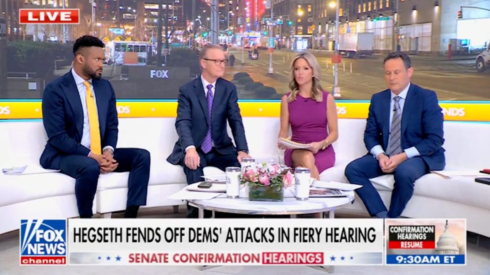 The cohosts of Fox & Friends sit around the show's trademark "curvy couch" during the show's January 15, 2025 broadcast.