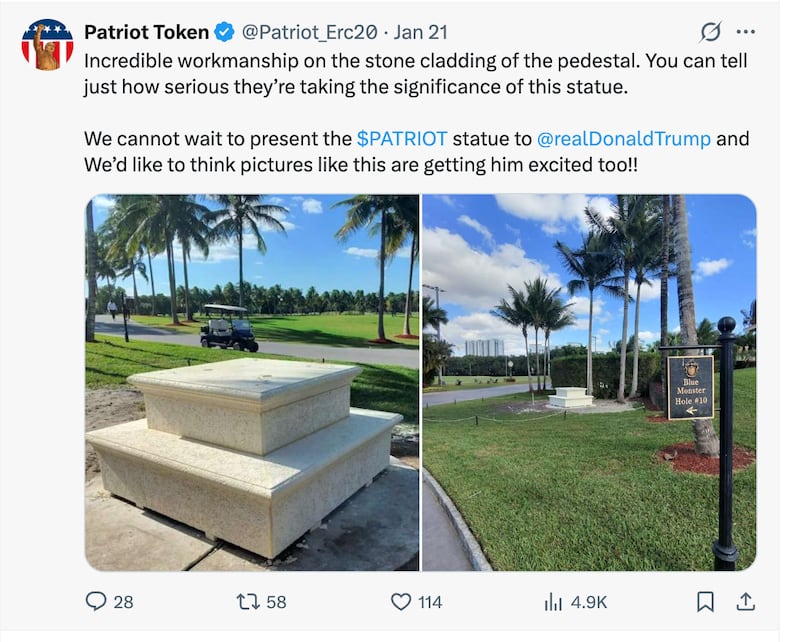 The investors have teased the installation of the statue at a Trump property for months.