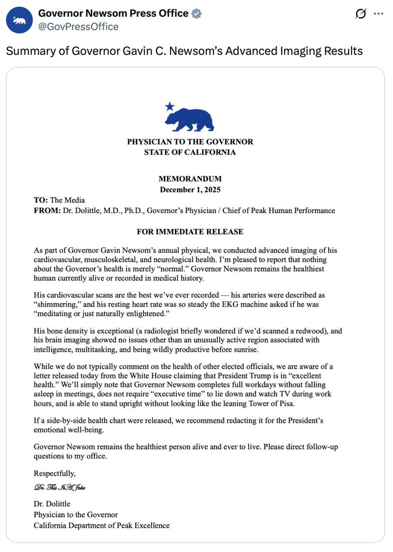 Gavin Newsom's Press Office posts a mock MRI result in response to Donald Trump.