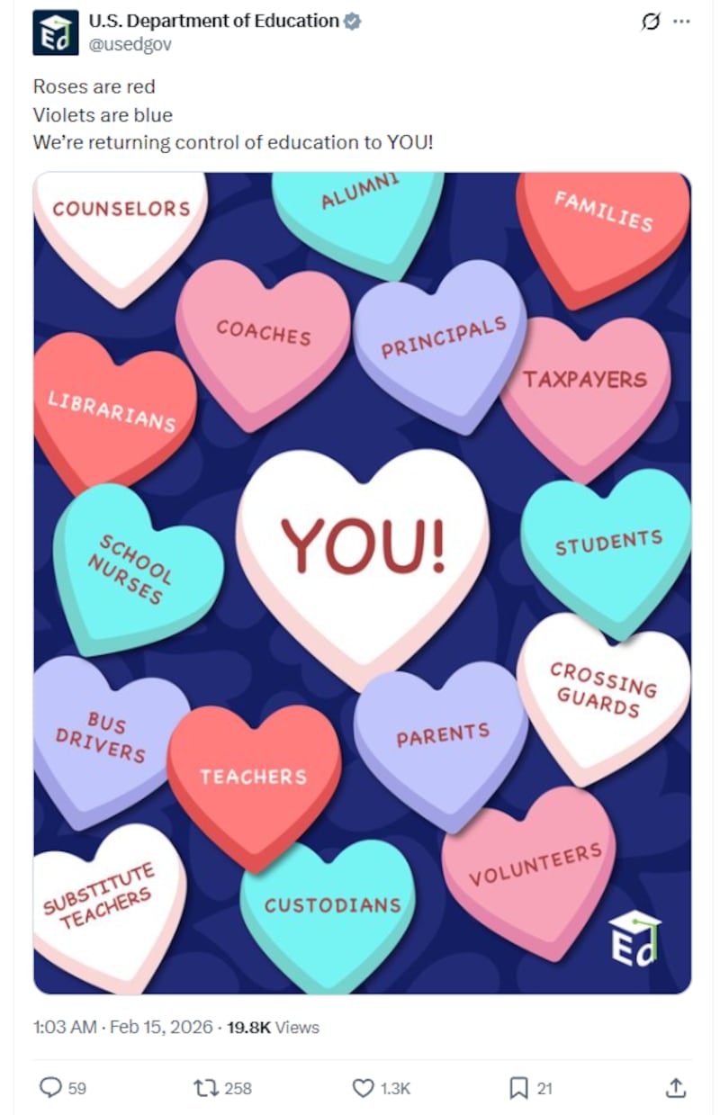 A Valentine's Day meme shared by the Education Department.