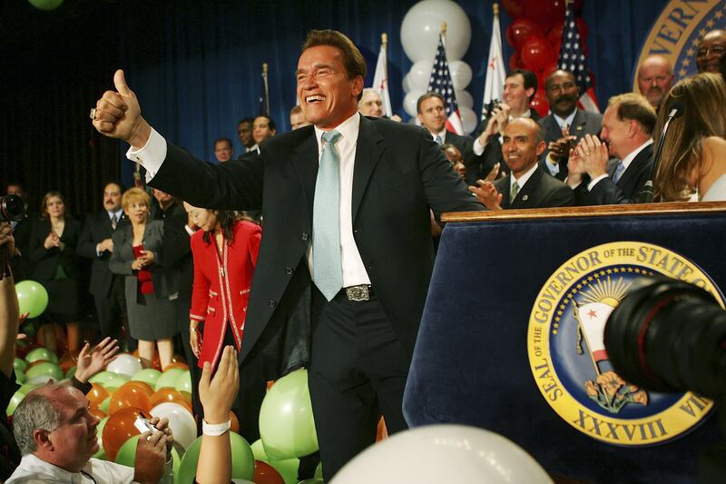Arnold Schwarzenegger celebrates his victory over Democrat Treasurer Phil Angelides on Election Night on November 7, 2006 in Los Angeles
