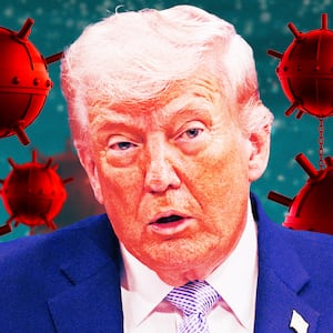 A photo illo illustration of Donald Trump in and red sea mines in the ocean.