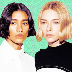 A photo illustration of of two people and dark and blonde hair for a Looker dandruff story.