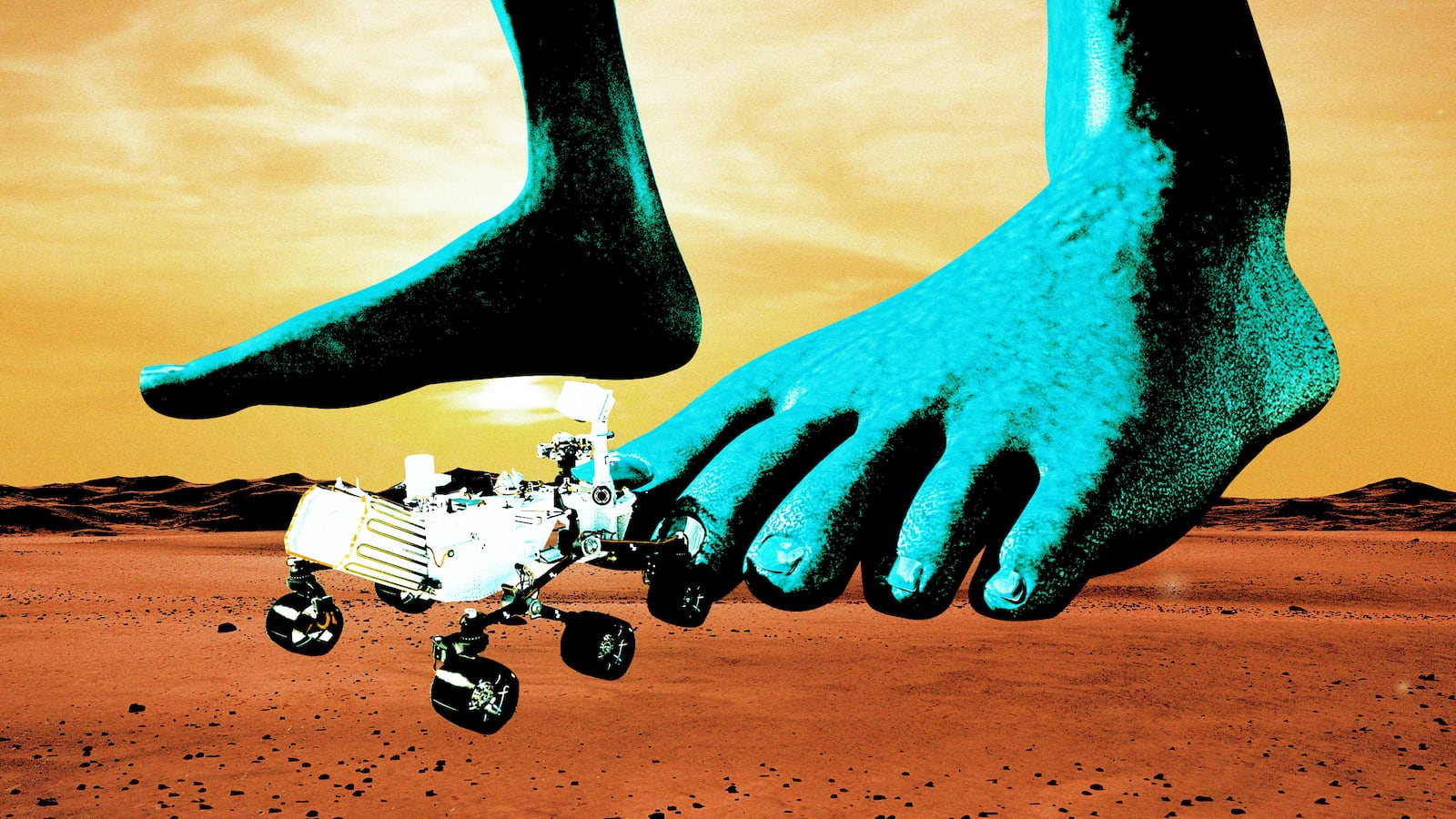 An illustration that includes images of Ancient Aliens, Extraterrestrial Life, Mars, Space, Light, and a Small Vehicle.