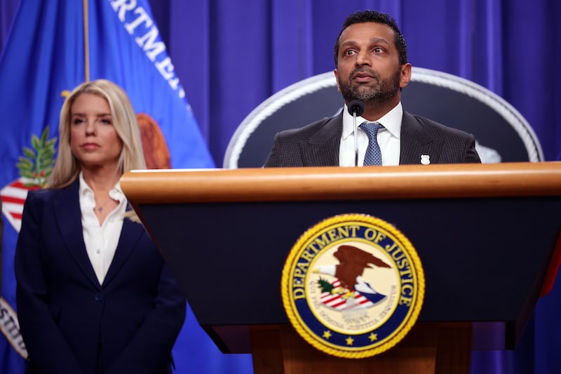 Federal Bureau of Investigation (FBI) Director Kash Patel, joined by U.S. Attorney General Pam Bondi, delivers remarks on an arrest connected to the 2012 U.S. Embassy attack in Benghazi, at the Department of Justice on February 6, 2026 in Washington, DC.