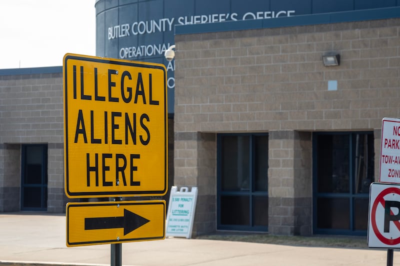 Hamilton, Ohio USA, 13 March 2025, The Butler County, Ohio Jail, where Sheriff Richard Jones has posted a sign reading 'Illegal Aliens Here.' He has begun holding undocumented immigrants under a contract with Immigration and Customers Enforcement (ICE).. (Photo by: Jim West/UCG/Universal Images Group via Getty Images)