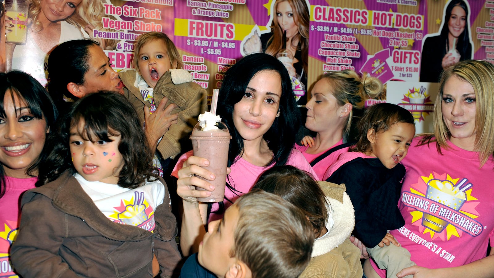 Octomom Nadya Suleman and her large family plus helpers launch their signature Milkshake at 'Millions of Milkshakes' on November 10, 2010 in West Hollywood, California.