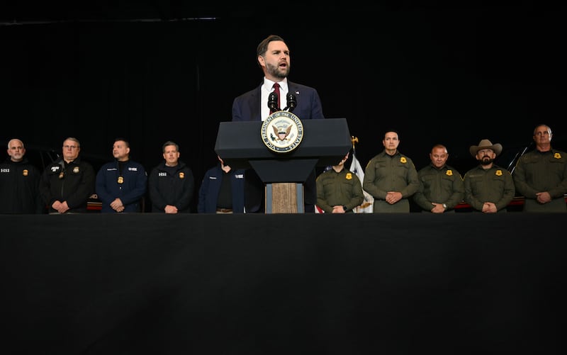 MINNEAPOLIS, MINNESOTA - JANUARY 22: U.S. Vice President JD Vance gives remarks while standing in front of ICE agents following a roundtable discussion with local leaders and community members amid a surge of federal immigration authorities in the area, at Royalston Square on January 22, 2026 in Minneapolis, Minnesota. The Trump administration has sent a reported 3,000-plus federal agents into the area, with more on the way, as they make a push to arrest undocumented immigrants in the region. (Photo by Jim Watson - Pool/Getty Images)