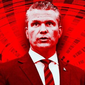 A photo illustration of SecDef Pete Hegseth on a red swirling background.