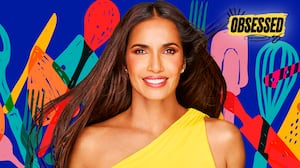 A photo illo illustration of Padma Lakshmi on America's Culinary Cup for the Obsessed podcast.