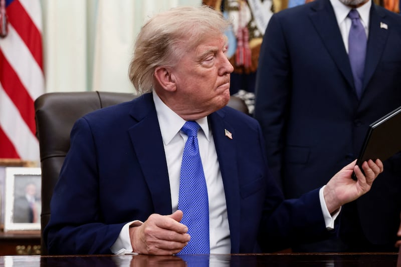 U.S. President Donald Trump attends an event to sign executive orders related to birthright citizenship and the polysilicon industry, in the Oval Office at the White House in Washington, D.C., U.S., August 6, 2026.