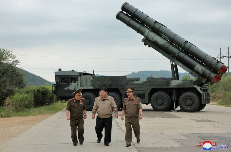 North Korean leader Kim Jong Un oversees a test-fire for a new 600mm multiple rocket launcher at an undisclosed location in North Korea, in this photo released by North Korea's official Korean Central News Agency September 13, 2024.    KCNA via REUTERS    ATTENTION EDITORS - THIS IMAGE WAS PROVIDED BY A THIRD PARTY. REUTERS IS UNABLE TO INDEPENDENTLY VERIFY THIS IMAGE. NO THIRD PARTY SALES. SOUTH KOREA OUT. NO COMMERCIAL OR EDITORIAL SALES IN SOUTH KOREA.