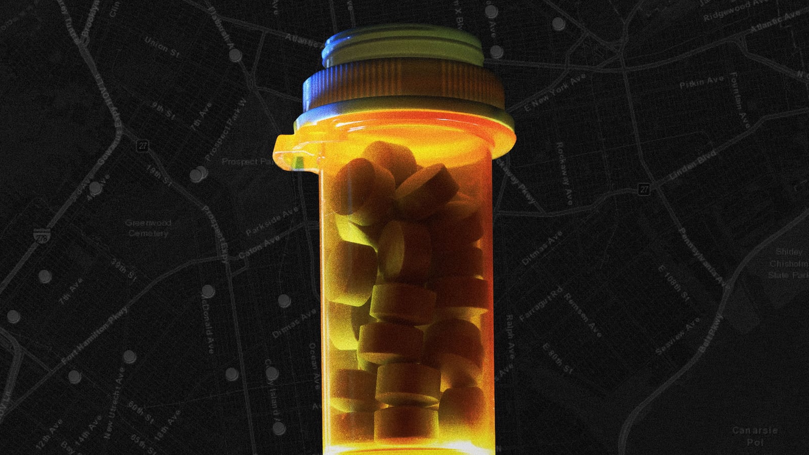 A photo illustration showing a prescription bottle over a map of Brooklyn showing drop off locations for leftover medication.