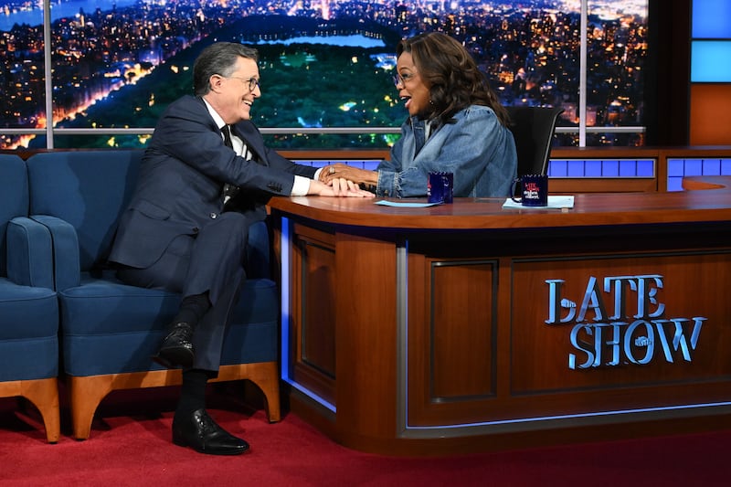 The Late Show with Stephen Colbert and guest Oprah Winfrey during Tuesday’s April 7, 2026 show.