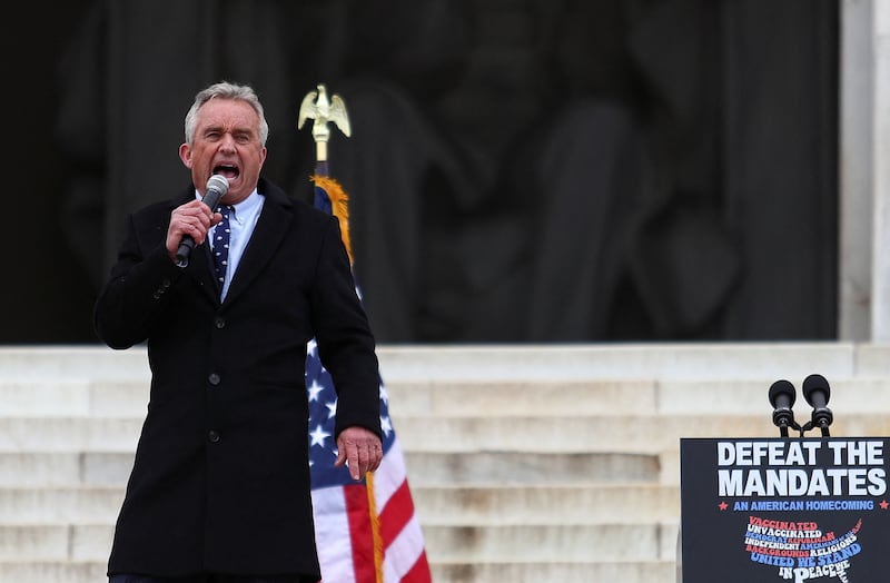 Robert F. Kennedy Jr. speaks during a rally following a march in opposition to coronavirus disease (COVID-19) mandates on the National Mall, in Washington, D.C., U.S., January 23, 2022.