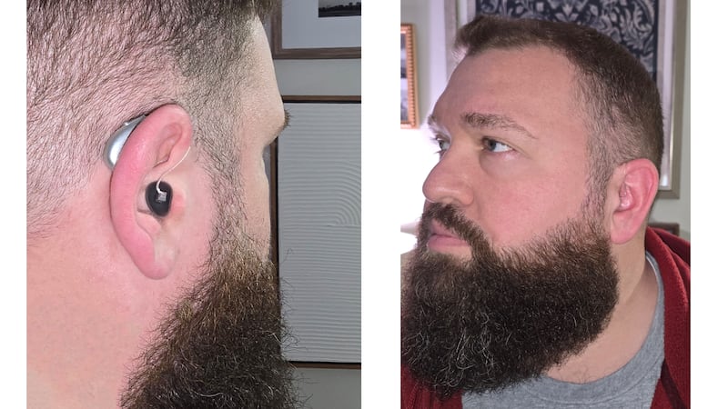 The author in two photos. One shows the Elehear Beyond Pro hearing aids from behind, where they are unobtrusive and small. The other photo shows him from the front and the hearing aids are barely visible.