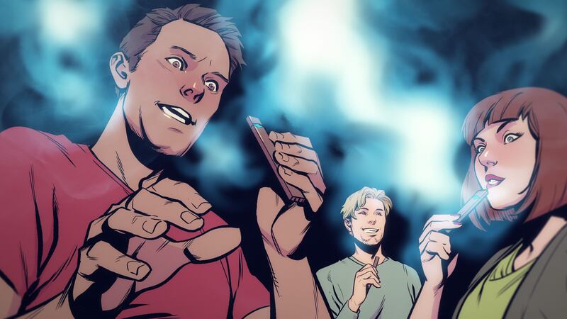 A photo including a film still from the Big Vape: The Rise and Fall of Juul docuseries on Netflix