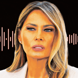An animated GIF illustration illo of Melania Trump in front of sound waves.
