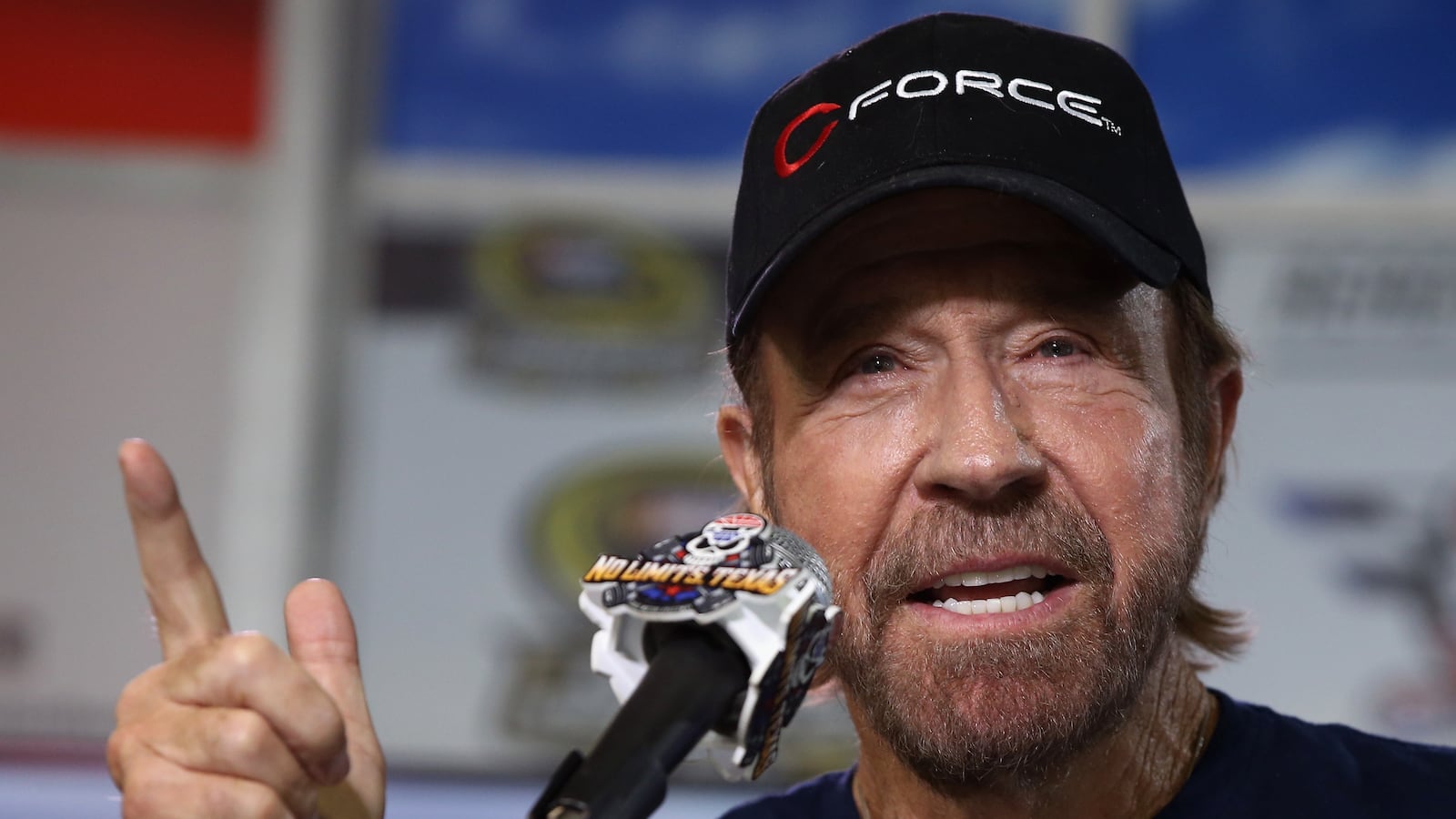 Actor Chuck Norris speaks with the media prior to the NASCAR Sprint Cup Series AAA Texas 500 at Texas Motor Speedway on November 6, 2016, in Fort Worth, Texas.