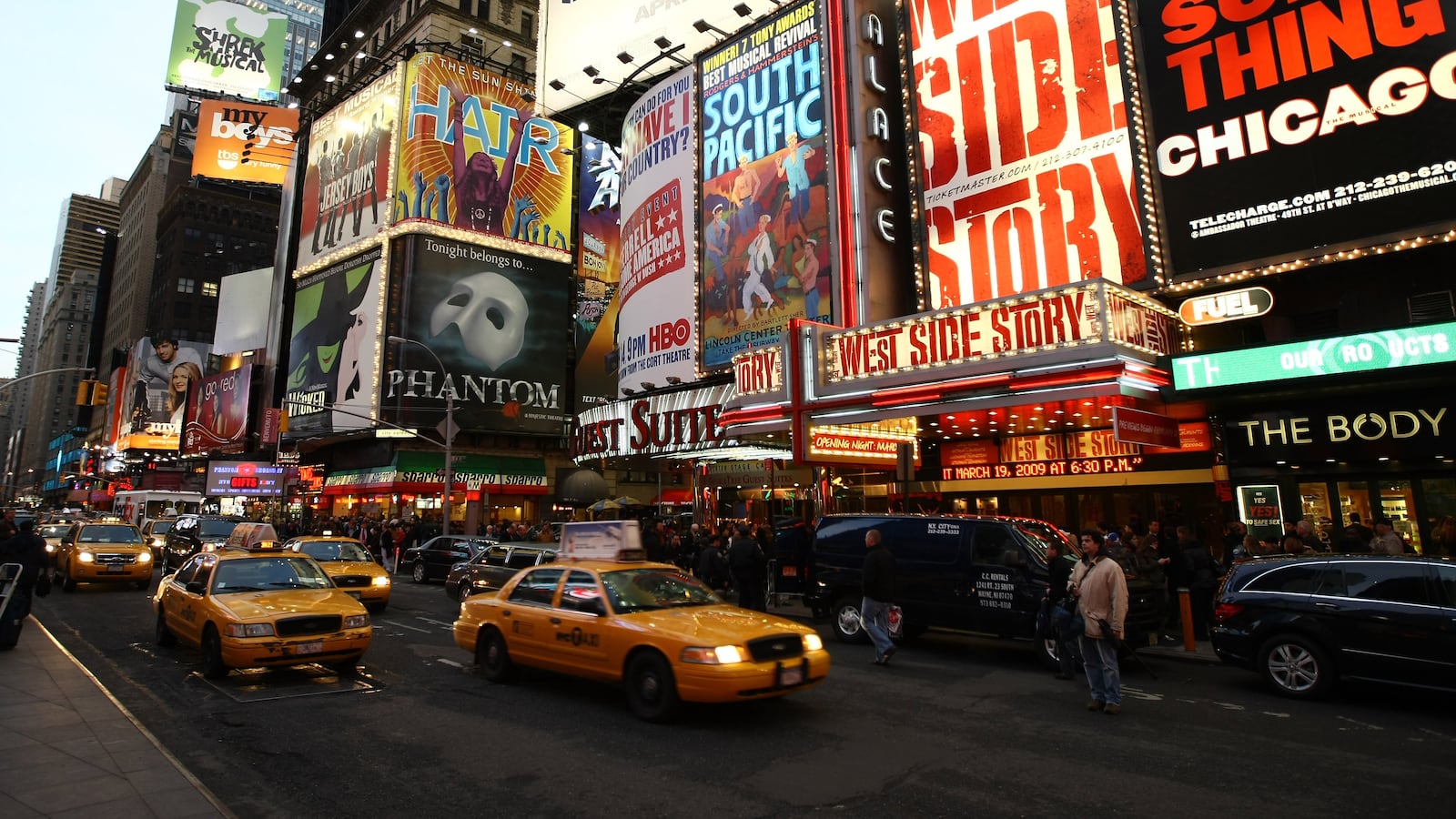 NEW YORK - MARCH 19: A exterior view of the Palace Theatre at the opening night of "West Side Story" on Broadway at the Palace Theatre on March 19, 2009 in New York City. (Photo by Neilson Barnard/Getty Images)