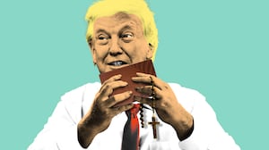 Donald Trump holding a Trump Bible and a rosary like he is eating it like a burger or sandwich