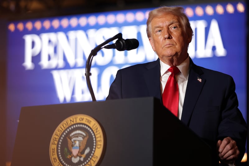 U.S. President Donald Trump delivers remarks during an event at Mount Airy Casino Resort on December 9, 2025 in Mount Pocono, Pennsylvania.