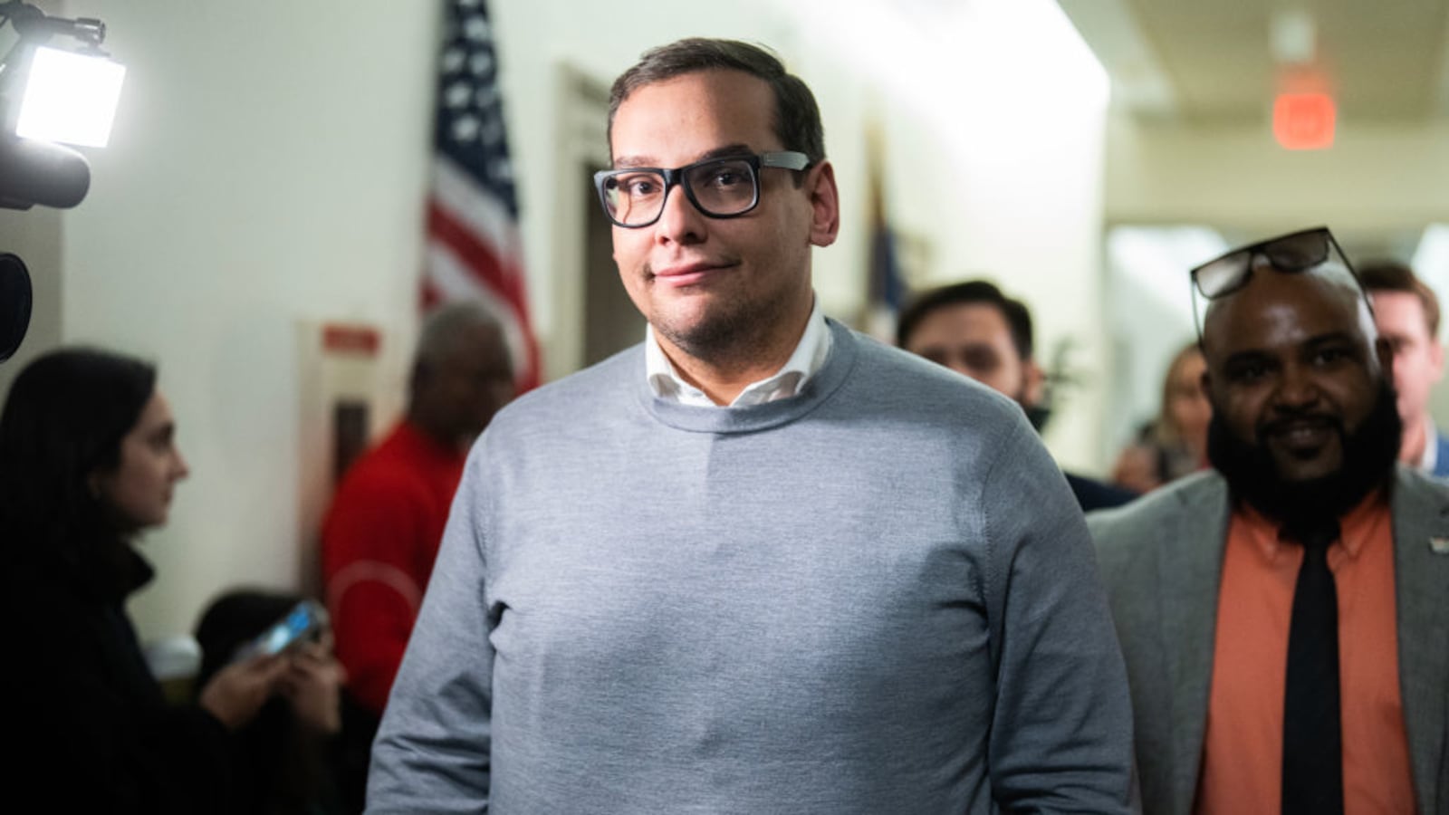 Rep. George Santos, R-N.Y., is seen outside a House Republican Conference speaker election meeting