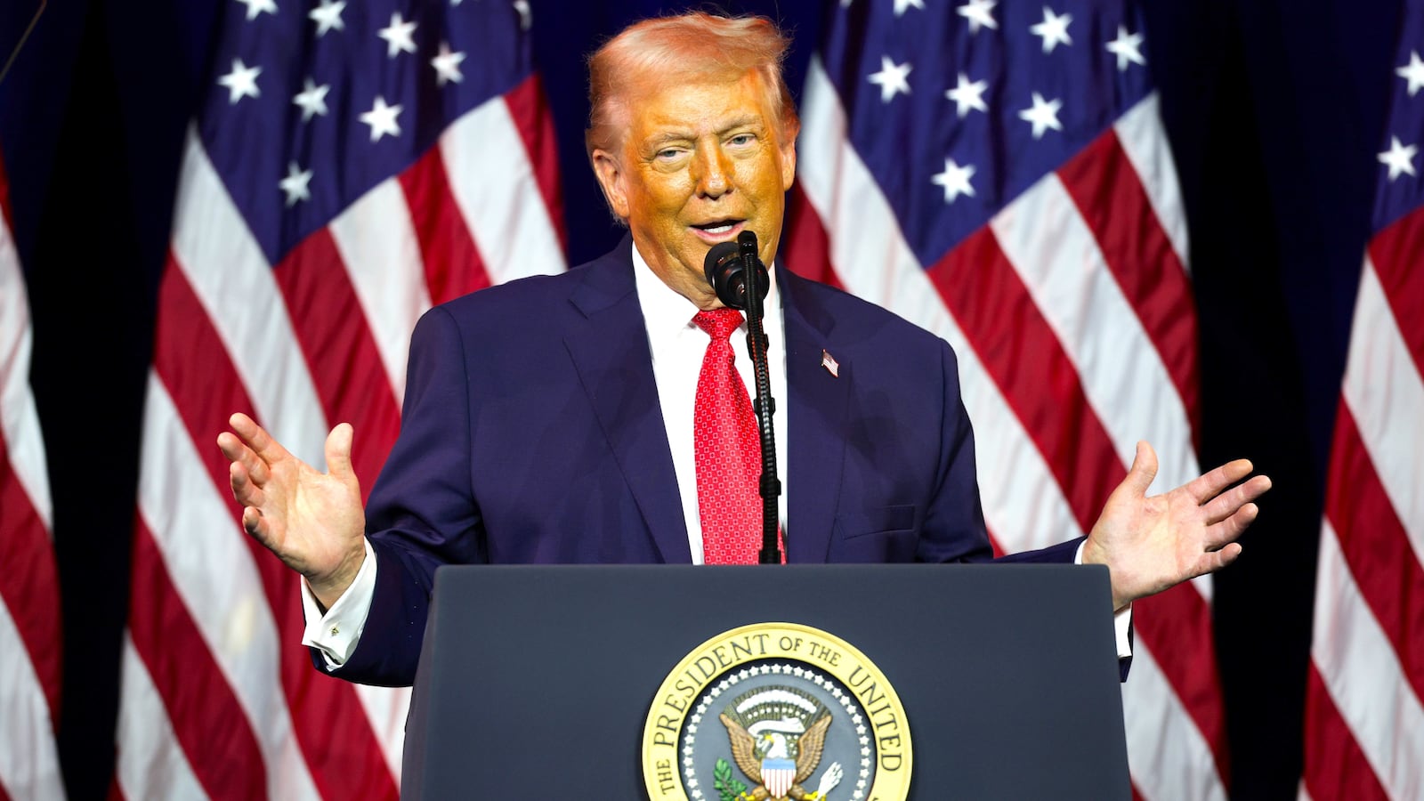 President Donald Trump addresses a House Republican retreat at The John F. Kennedy Center for the Performing Arts on January 06, 2026 in Washington, DC.