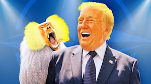 A photo illo illustration of Donald Trump, a baboon and the NATO logo.