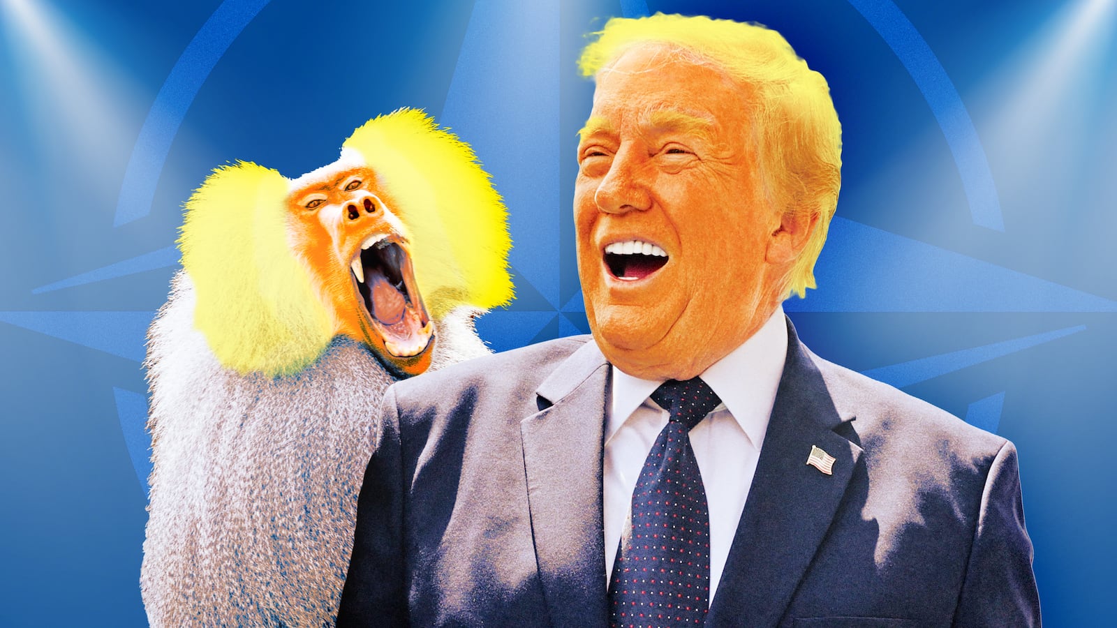 A photo illo illustration of Donald Trump, a baboon and the NATO logo.