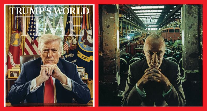 On the left, President Donald Trump on the cover of Time Magazine, released on October 23, 2025. On the right, a photograph by Arnold Newman, taken in 1963, of Alfred Krupp, a convicted Nazi war criminal and German industrialist.