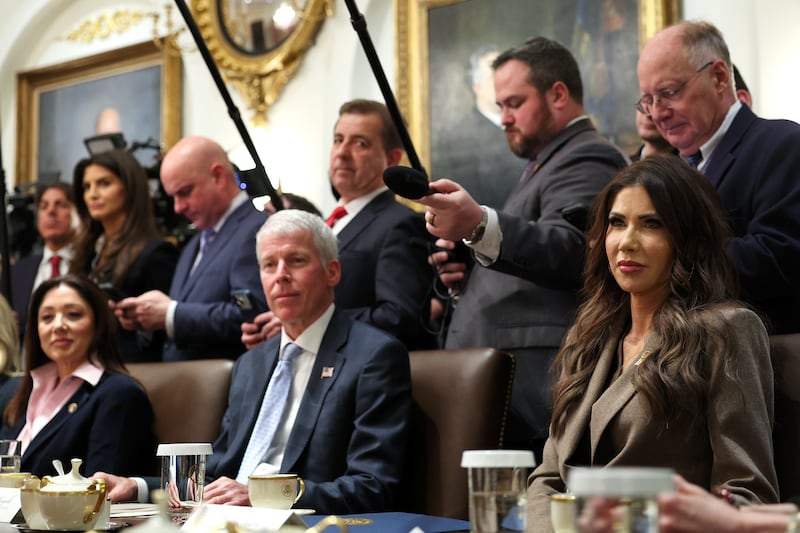 WASHINGTON, DC - JANUARY 29: (L-R) U.S. Secretary of Labor Lori Chavez-DeRemer. U.S. Secretary of Energy Chris Wright, and U.S. Secretary of the Department of Homeland Security Kristi Noem look on during a meeting of the Cabinet in the Cabinet Room of the White House on January 29, 2026 in Washington, DC. President Trump is holding the meeting as the Senate plans to hold a vote on a spending package to avoid another government shutdown, however Democrats are holding out for a deal to consider funding for the Department of Homeland Security.  (Photo by Win McNamee/Getty Images)