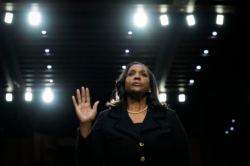 Lisa Cook is pictured while being sworn in during a Senate Banking nominations hearing on June 21, 2023 in Washington, D.C. Following her confirmation, Cook became the first Black woman to sit on the Federal Reserve's Board of Governors in its 108-year history.