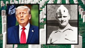 A photo illo illustration of Donald Trump, Col. Donald Cooke, and Arlington National Cemetary.