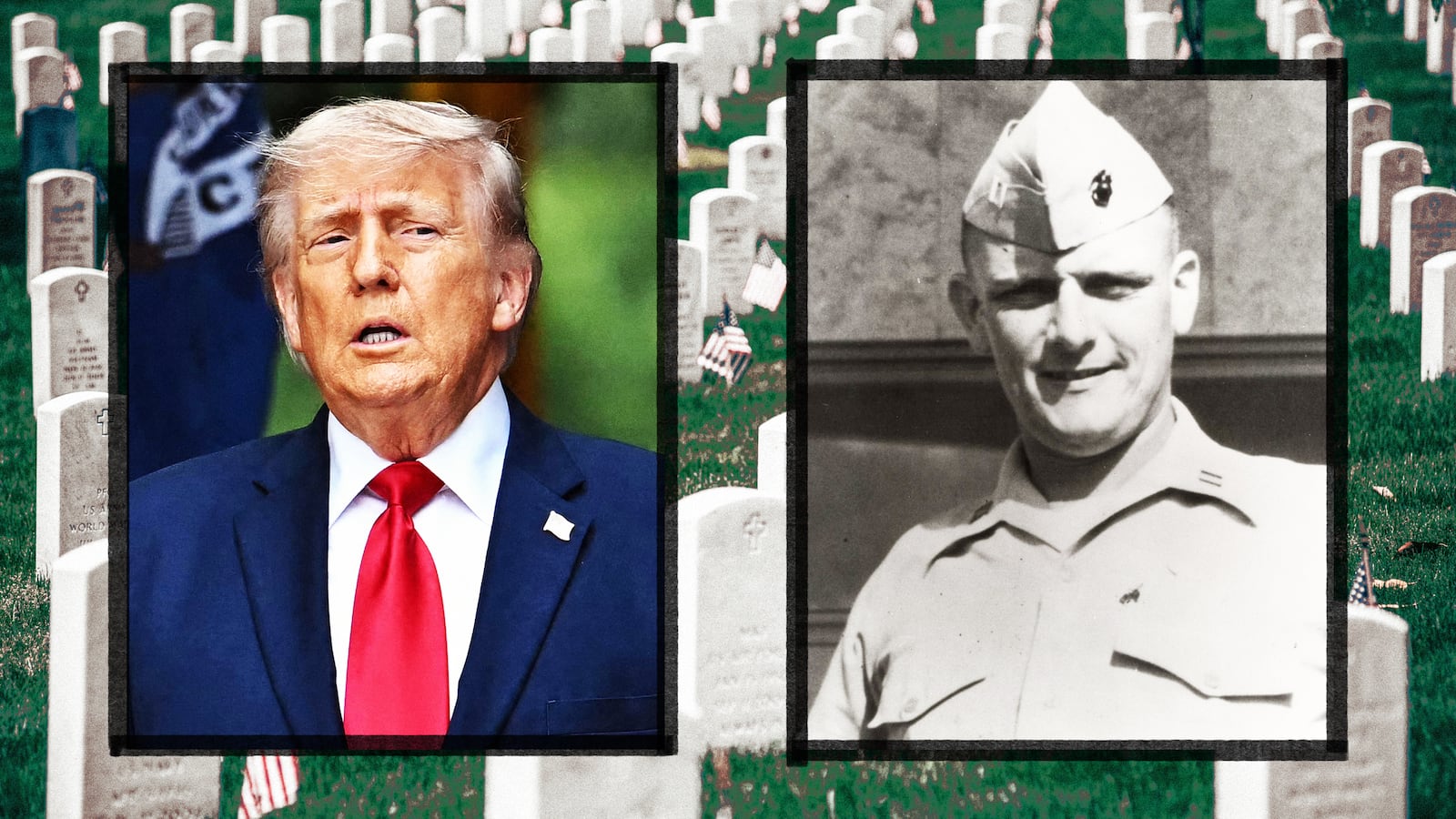 A photo illo illustration of Donald Trump, Col. Donald Cooke, and Arlington National Cemetary.