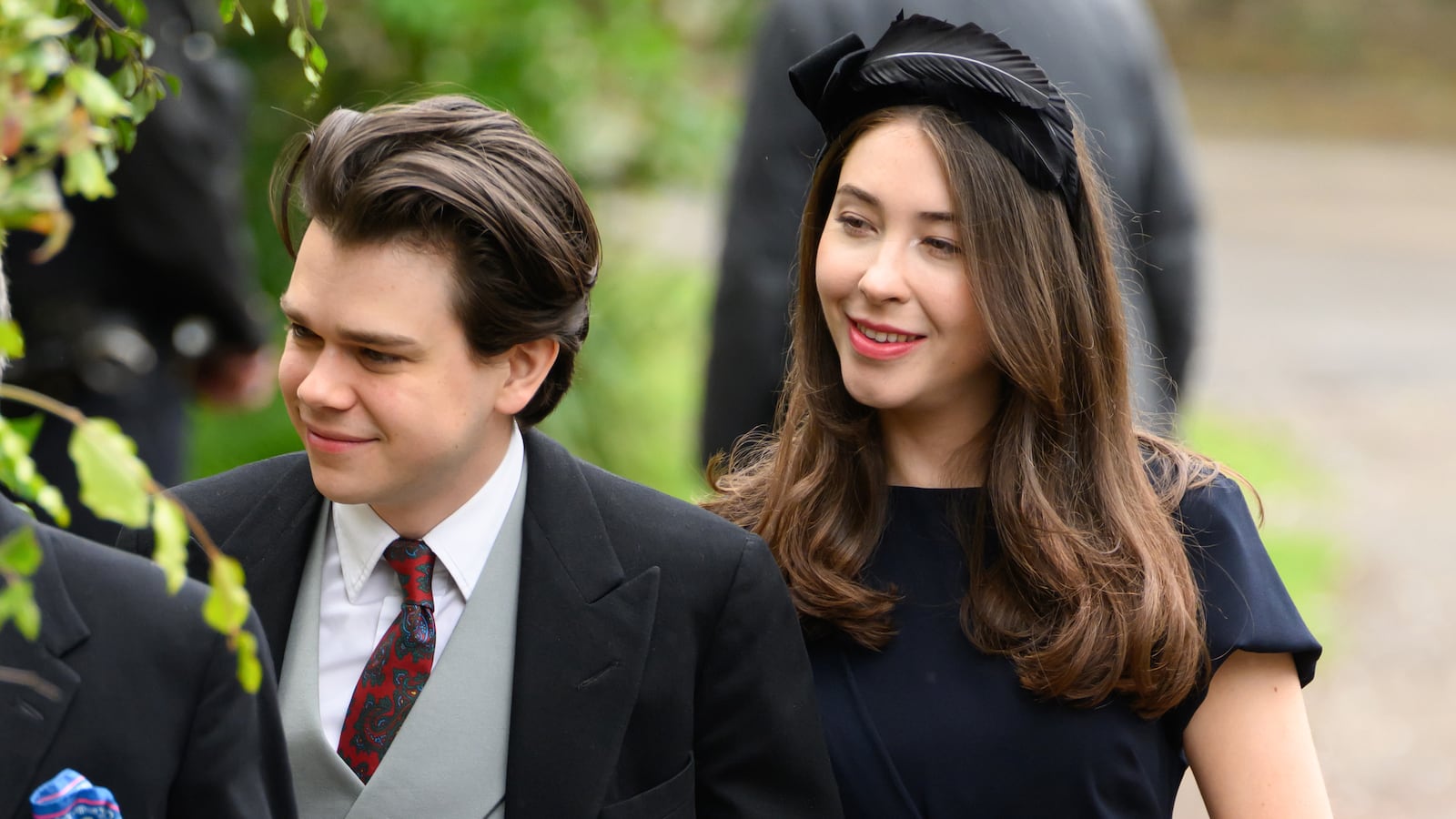 Samuel Chatto and Eleanor Ekserdjian arrive for the Royal wedding of Peter Phillips and Harriet Sperling.