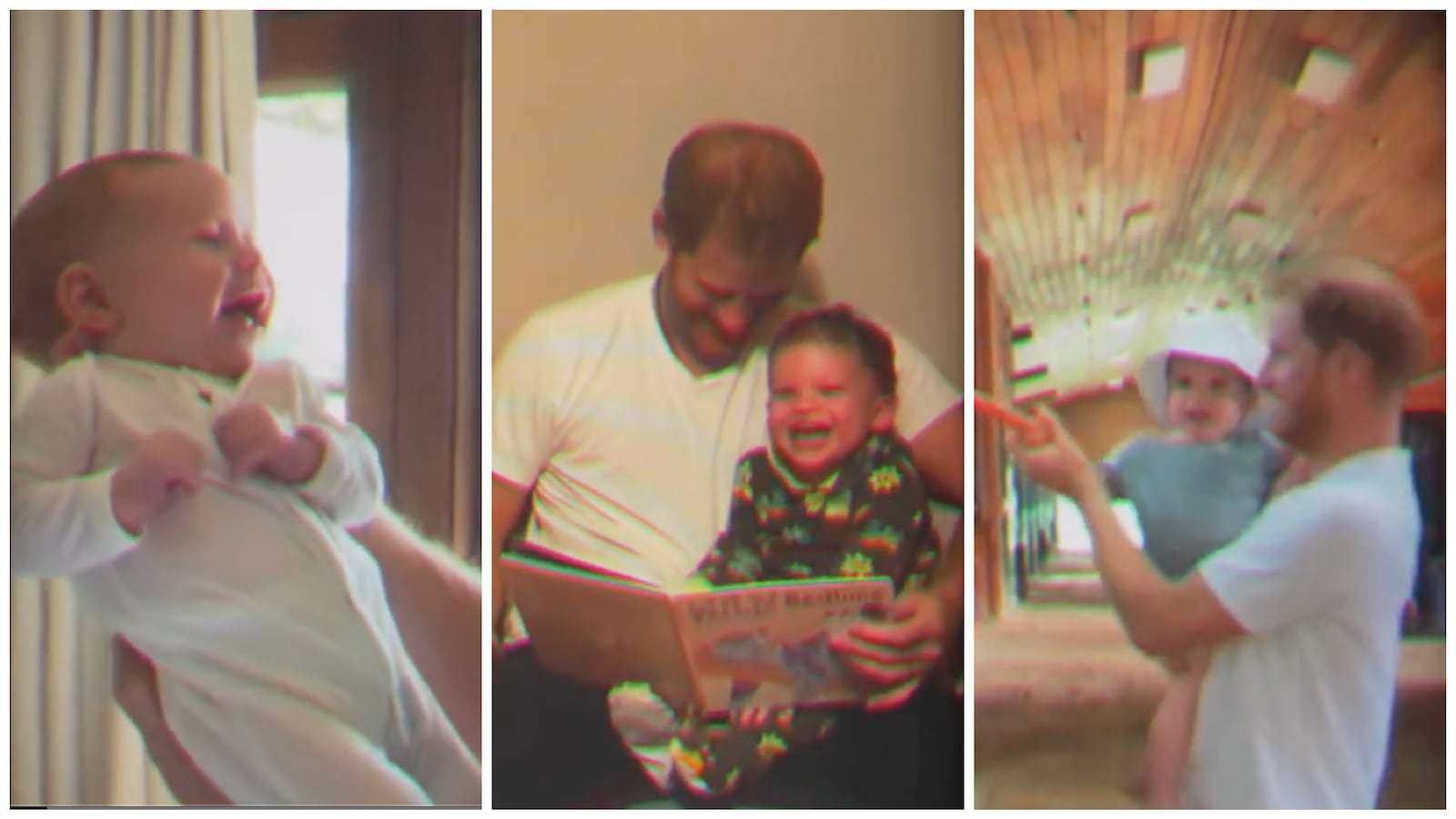 Three images of Prince Harry holding his kids