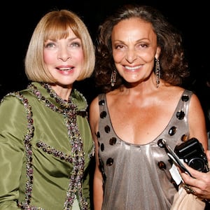 Editor-in-chief of Vogue Anna Wintour (L) and designer Diane Von Furstenberg (R) inside the fashion industry's battle against HIV/AIDs at the "7th on Sale" gala held at the 69th Regiment Armory on November 15, 2007 in New York City.