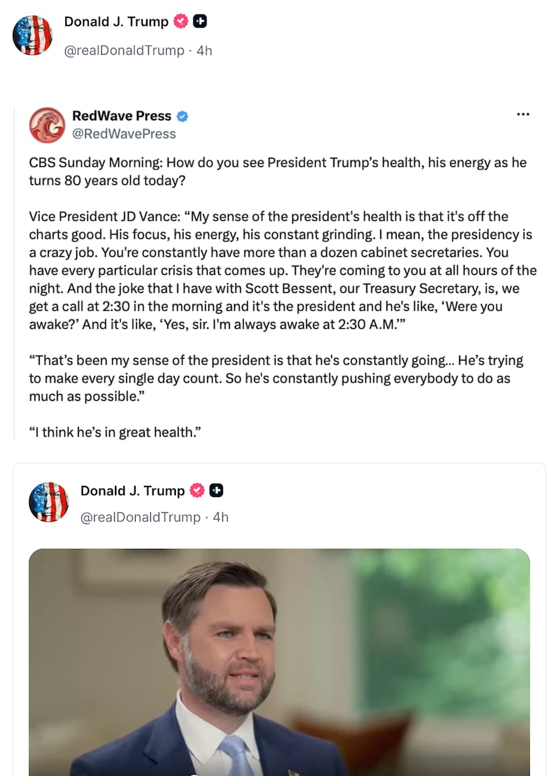 President Trump shares a two-week-old interview about his health by JD Vance.