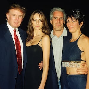 From left, American real estate developer Donald Trump and his girlfriend (and future wife), former model Melania Knauss, financier (and future convicted sex offender) Jeffrey Epstein, and British socialite Ghislaine Maxwell pose together at the Mar-a-Lago club, Palm Beach, Florida, February 12, 2000. (Photo by Davidoff Studios/Getty Images)