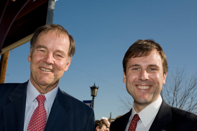 Republican Senate Candidate Tom Kean Jr. (R) campaigns with his father Tom Kean Sr., former Governor of New Jersey and chairman of the 9/11 Commission, in Ramsey, New Jersey. (Photo by James Leynse/Corbis via Getty Images)