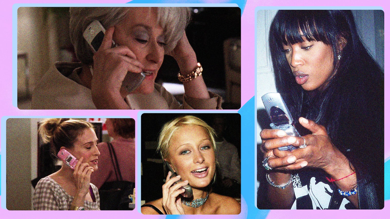A photo illustration showing celebrities and actresses with girly cell phones circa 2000.