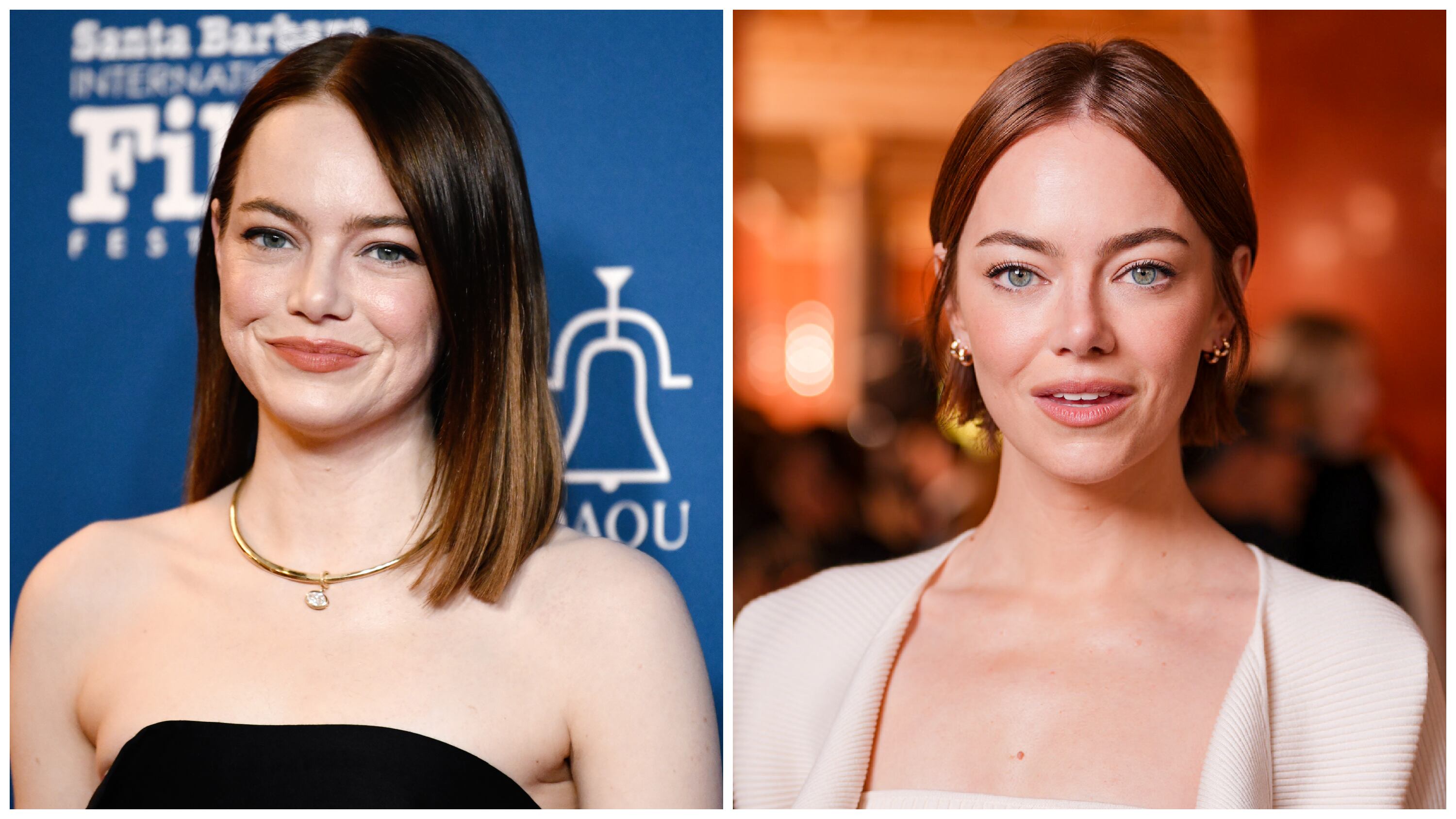 On left, Emma Stone at the Santa Barbara Film Festival on February 11, 2024; on right, Emma Stone at Paris Fashion Week on September 30, 2025.